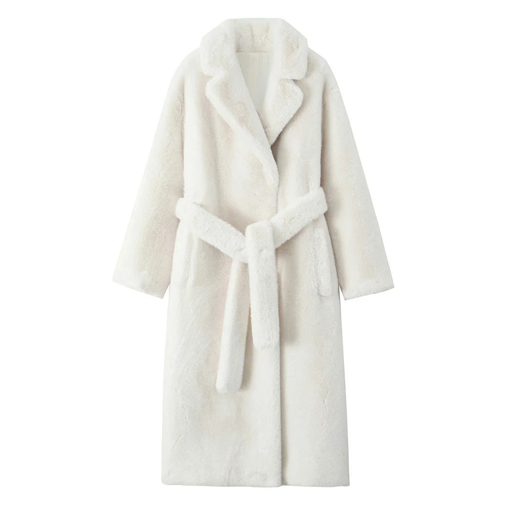 Linda's White, Faux Fur, Trendy, Stylish, Elegant, Long, Warm, Single breasted, Belted Coat