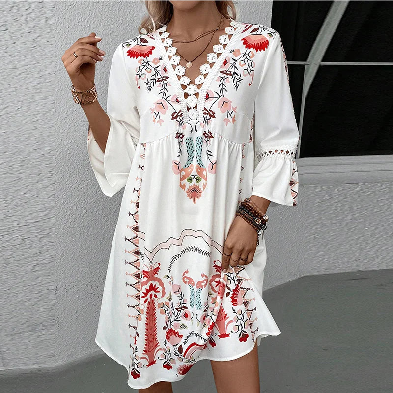 Sarah's Summer Boho Style Loose Long Sleeves V-neck mini dress