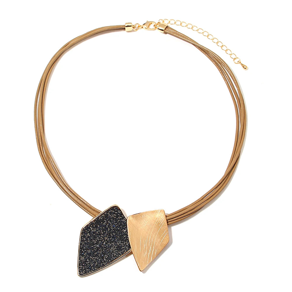 Rein's Irregular geometric design Necklace- Boho Leather chain (Silver, Gold)