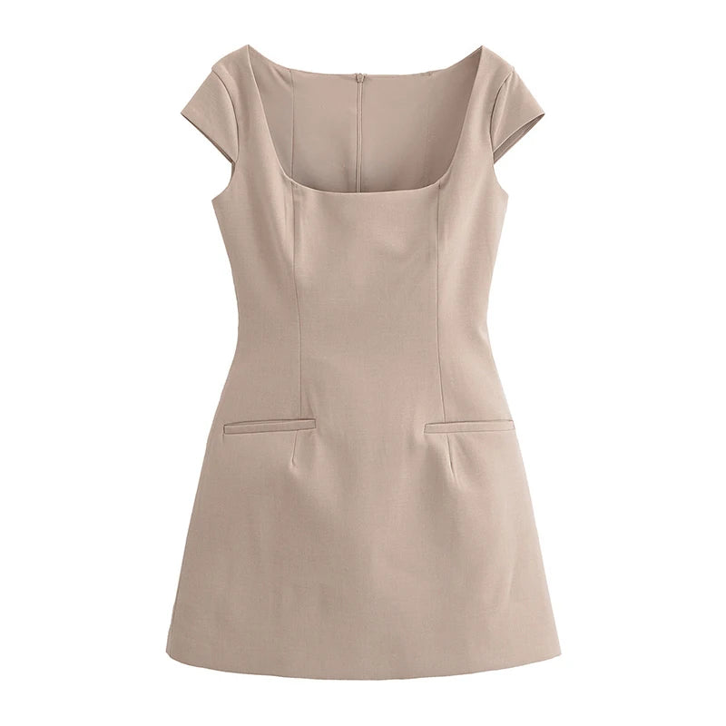 Sarah's Solid Color, Cap Sleeves, Trendy, Stylish, Slim, Square Neck, Zipper, Mini Dress