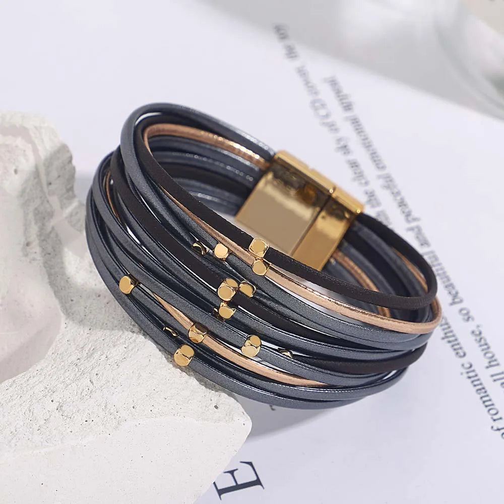 Tanya's Triple Color Leather Bohemian Metal Beads Multilayer Thin Strip Wrap Bracelets