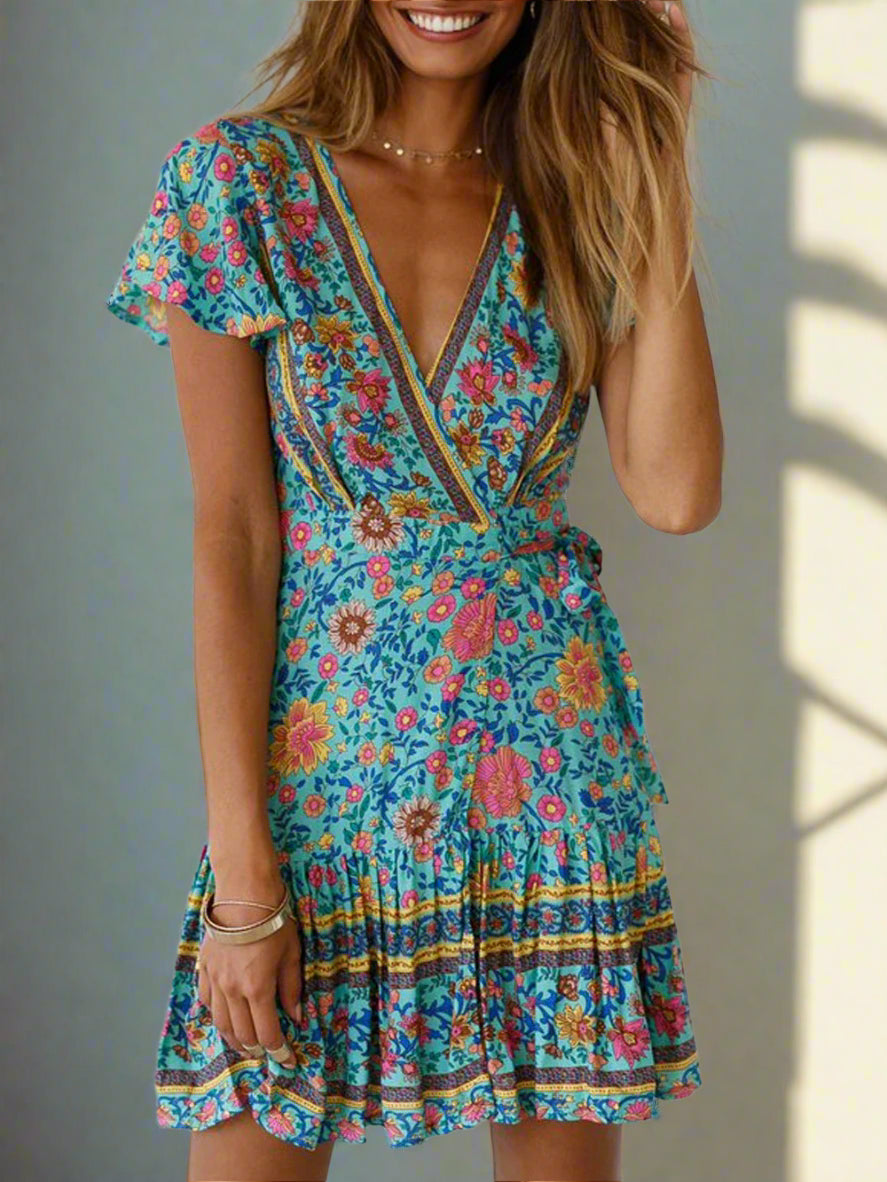 Woman wearing a colorful floral dress against a white background