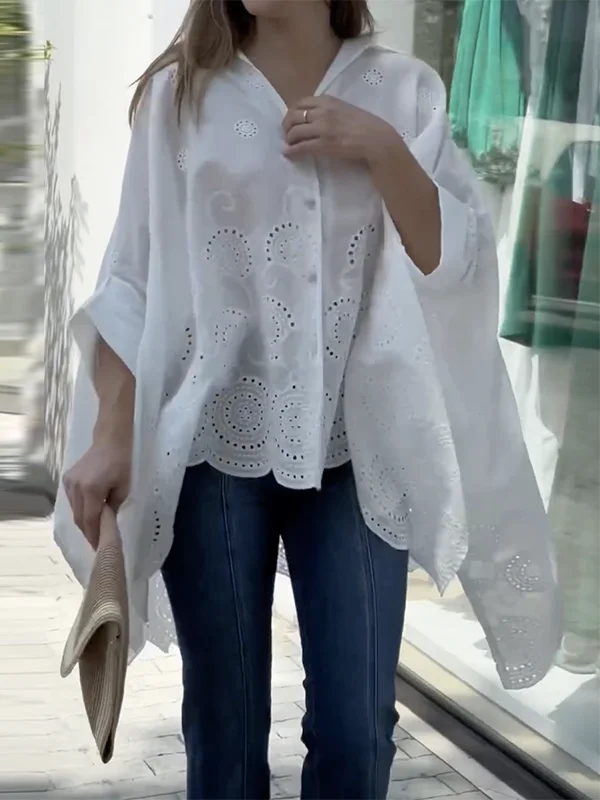 Yasmine's High-Low Hollow Out Loose Mid-sleeves Blouse