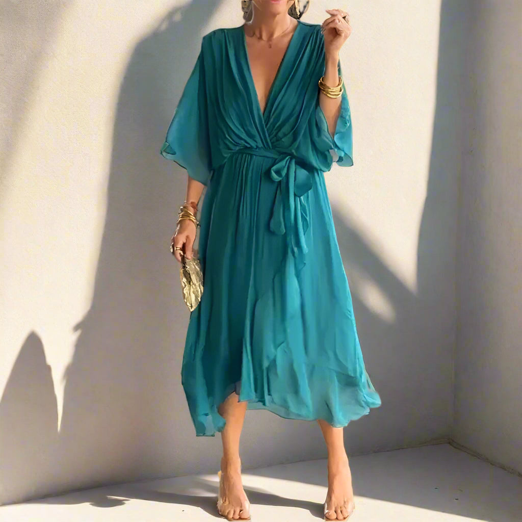 Iman's Irregular, Loose, Stylish, Trendy, V-Neck, Fluffy, Half Sleeves, Midi Dress