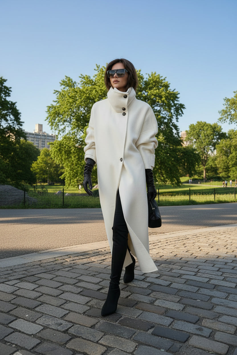 Woman wearing a long white coat and black pants standing on a sidewalk.