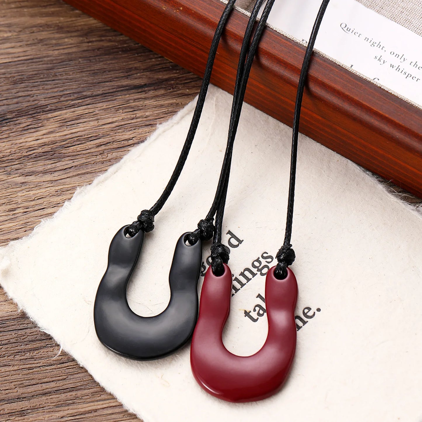 Rebecca's U Shape, Vintage, Trendy, Stylish, Red/Black, Adjustable, Leather, Long Pendant
