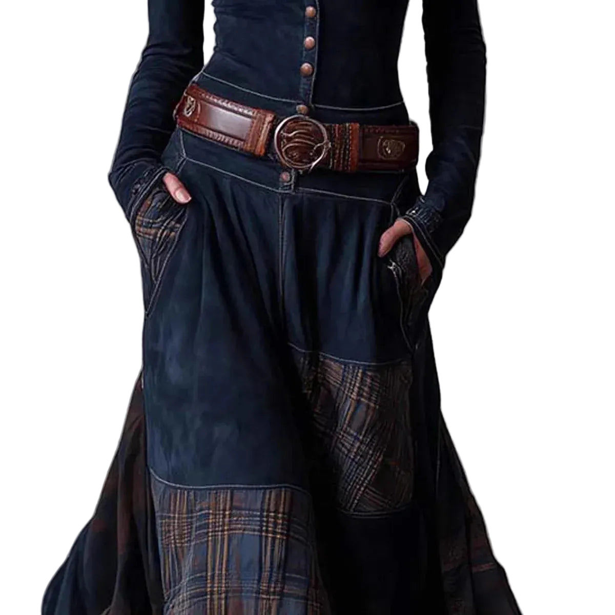 Person wearing a dark blue dress with plaid accents and a brown belt against a white background