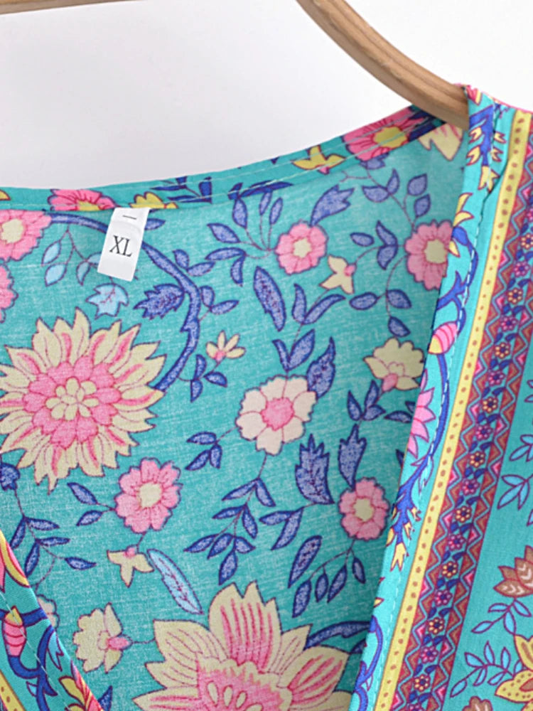 Kimmy's Hippie, Vintage, Stylish, Trendy, Boho, V-Neck, Floral, Printed, Bohemian, Mini Dress