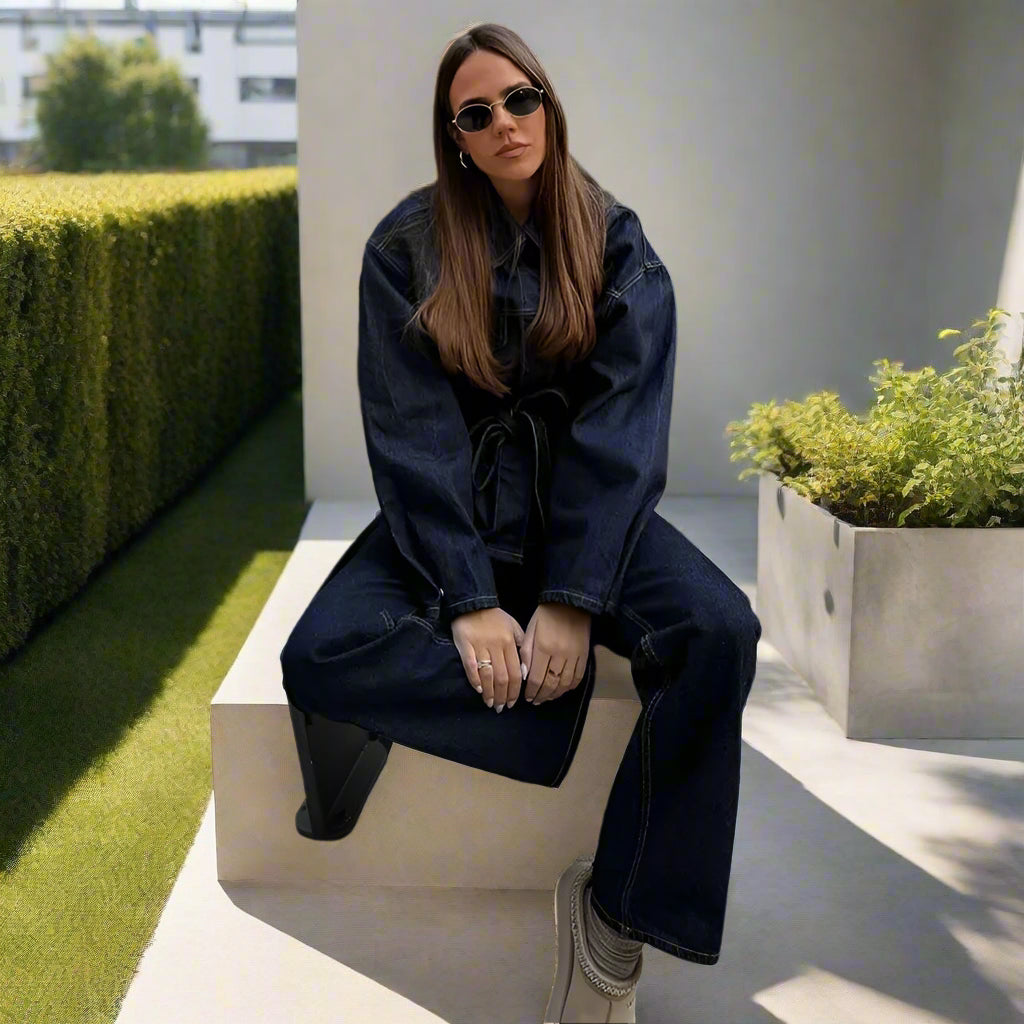 Julie's Casula, Elegant, Stylish, Trendy, Wide Leg, Long Jacket, Denim Outfit sets