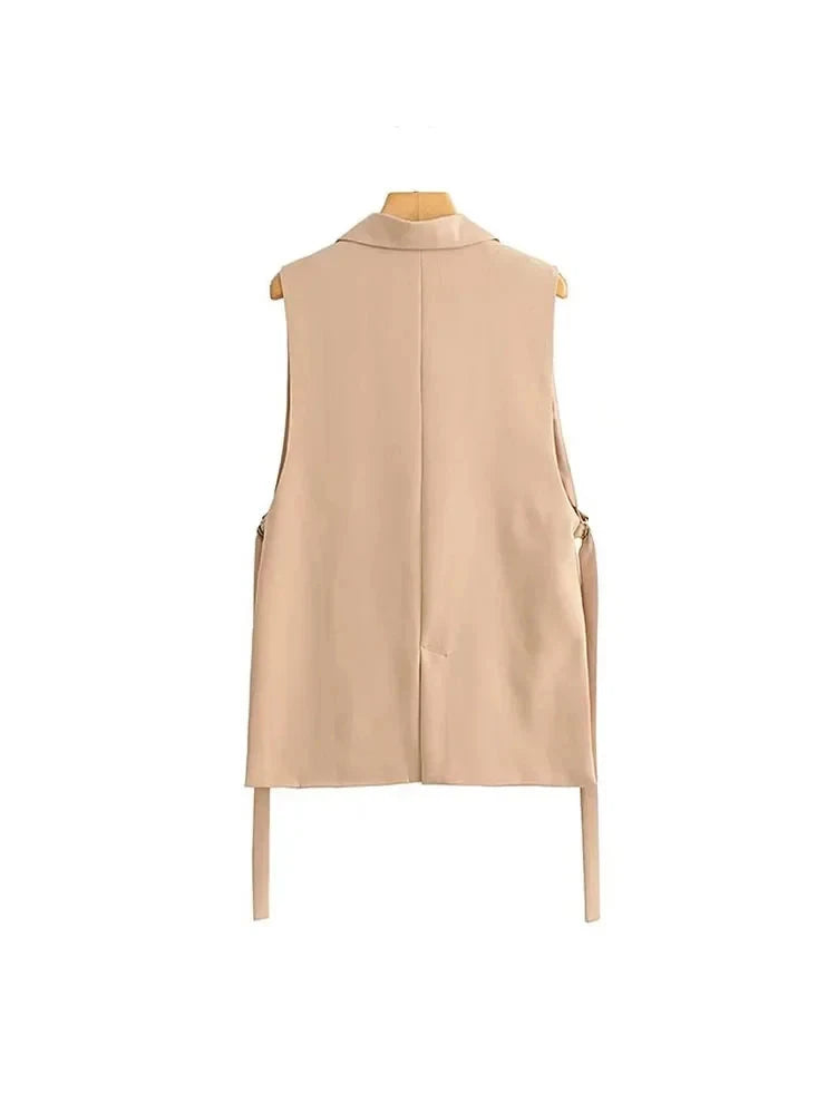 Nadine's Chic Collar Neck Casual Vest with Fabric-belt