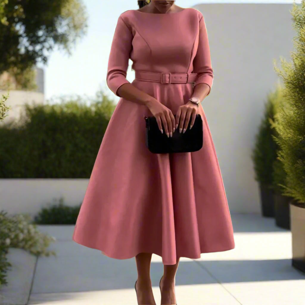 Deborah's Stylish, Formal, Trendy, A-Line, Classy, Sleeves, Belted, Midi, Office Dress