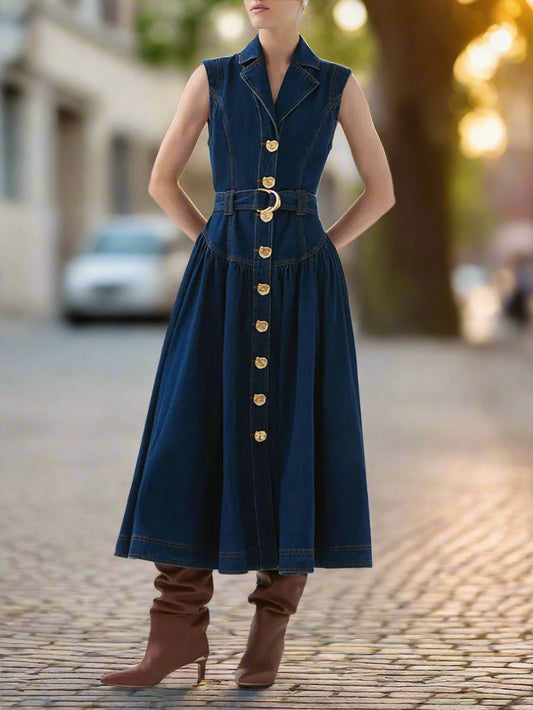 Woman wearing a blue dress with gold buttons on a backyard