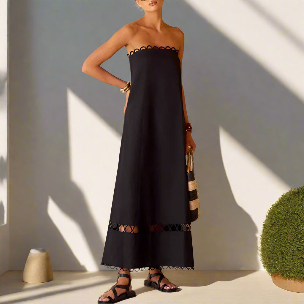 Nana's Strapless, Trendy, Boho, Stylish, Hollow Out, Midi, A-Line, Cocktail, Summer Dress