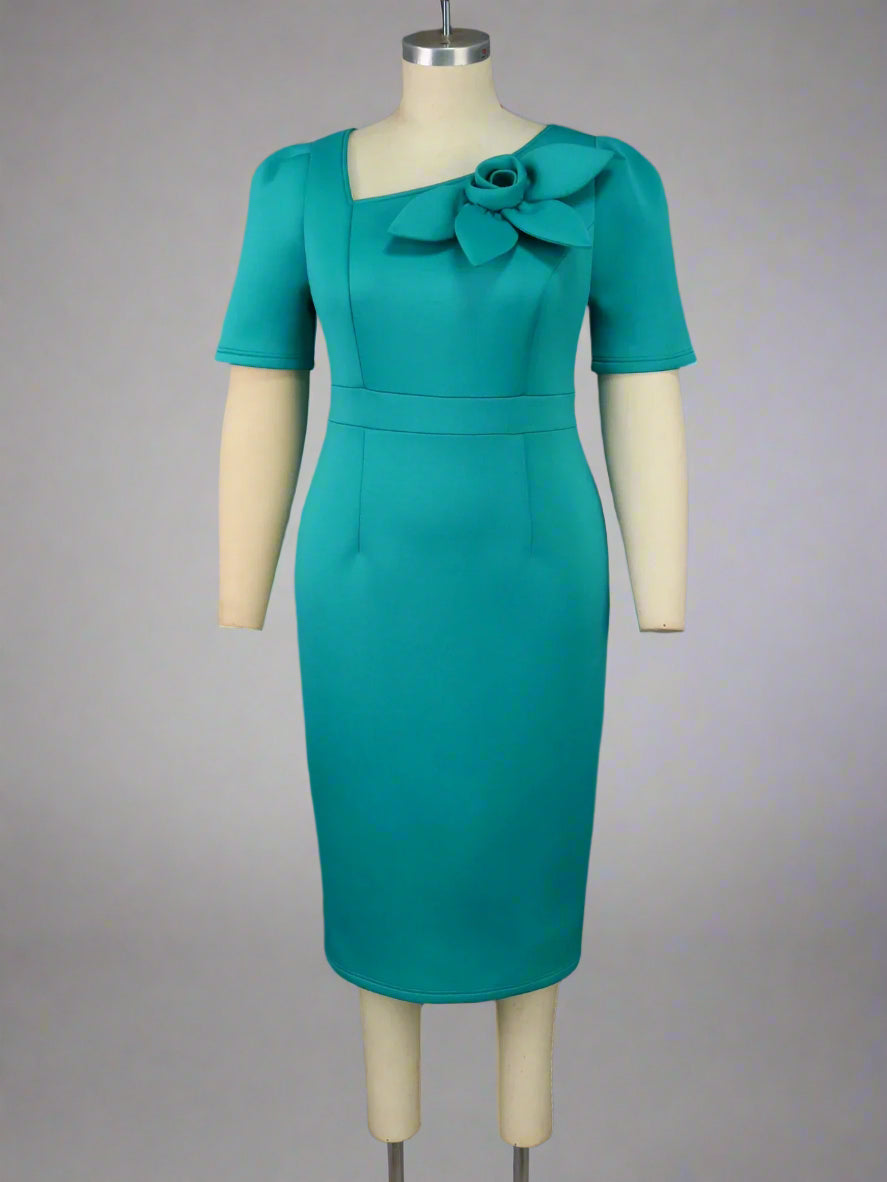 Dolly's Body-con, Sheath, Stylish, Trendy, Office Style, 3D Flower, Half Sleeves,Knee Midi Dress
