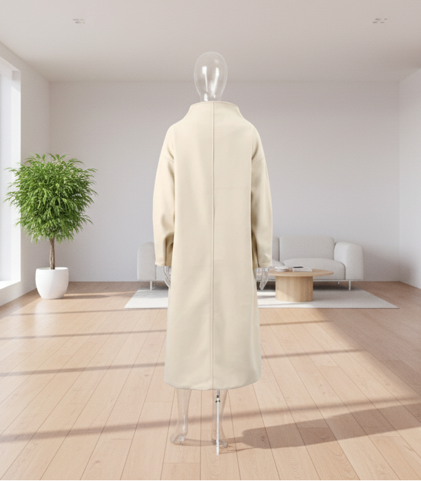 Beige coat on a mannequin against an empty penthouse