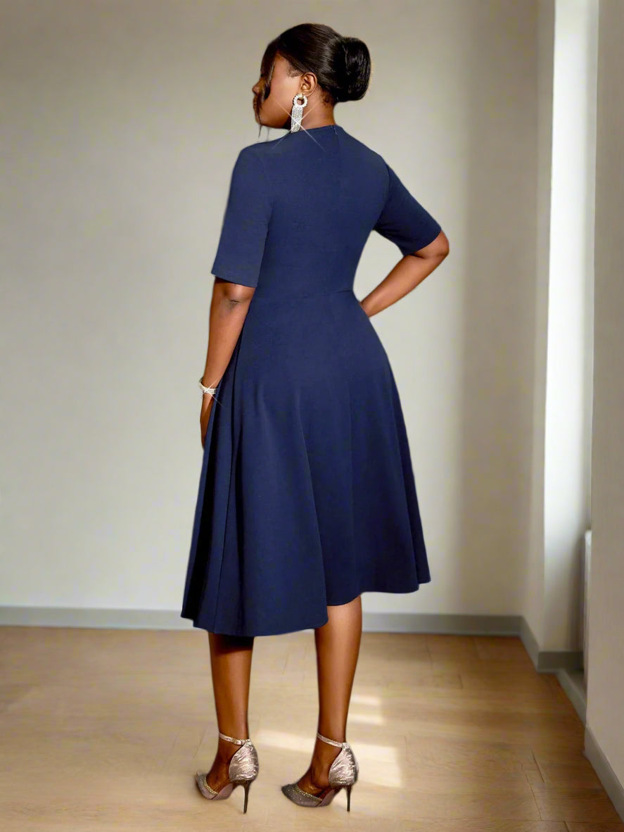 Marwa's Navy Blue, Stylish, Trendy, Office Style, Pleated, Asymmetric Neck, Half sleeves, Midi Dress