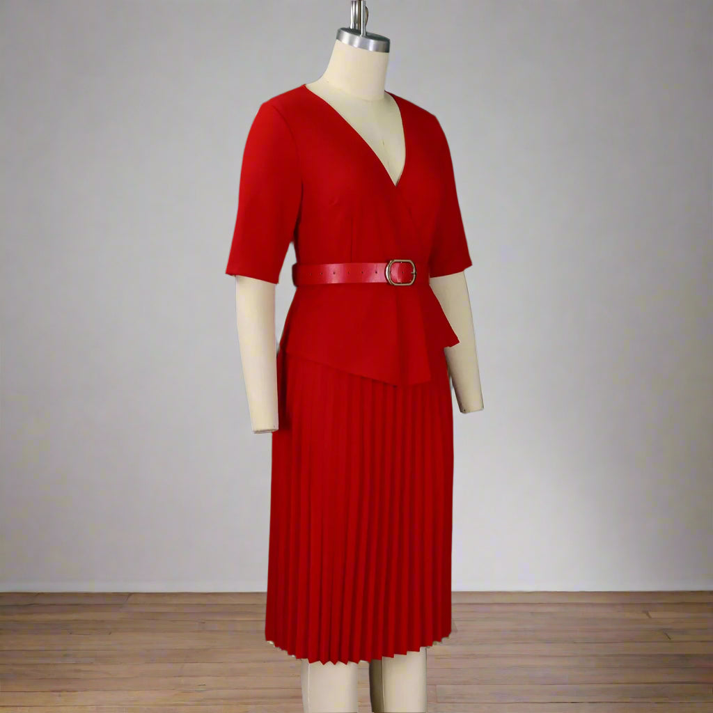 Liz's Plus size, stylish, trendy, Pleated, Temperament, V-Neck, Midi, Office Dress