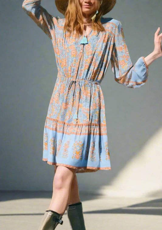 Camelia’s Hippie, Vintage, Stylish, Trendy, Loose, Floral, Ruffles, Long Sleeves, Print, Floral, Bohemian, Mini Dress