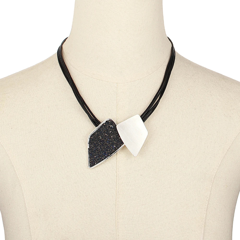 Rein's Irregular geometric design Necklace- Boho Leather chain (Silver, Gold)