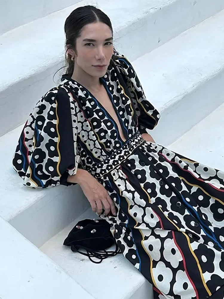 Carmen's Boho, Printed, Deep V-Neck, Long Sleeves, Summer, Stylish, Trendy, Long Dress