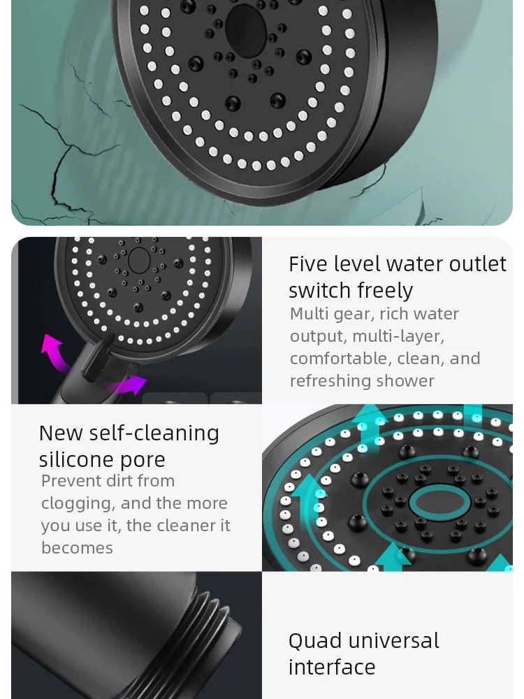 5 Mode Pressure Boost Shower Head - Multifunction - Self Cleaning