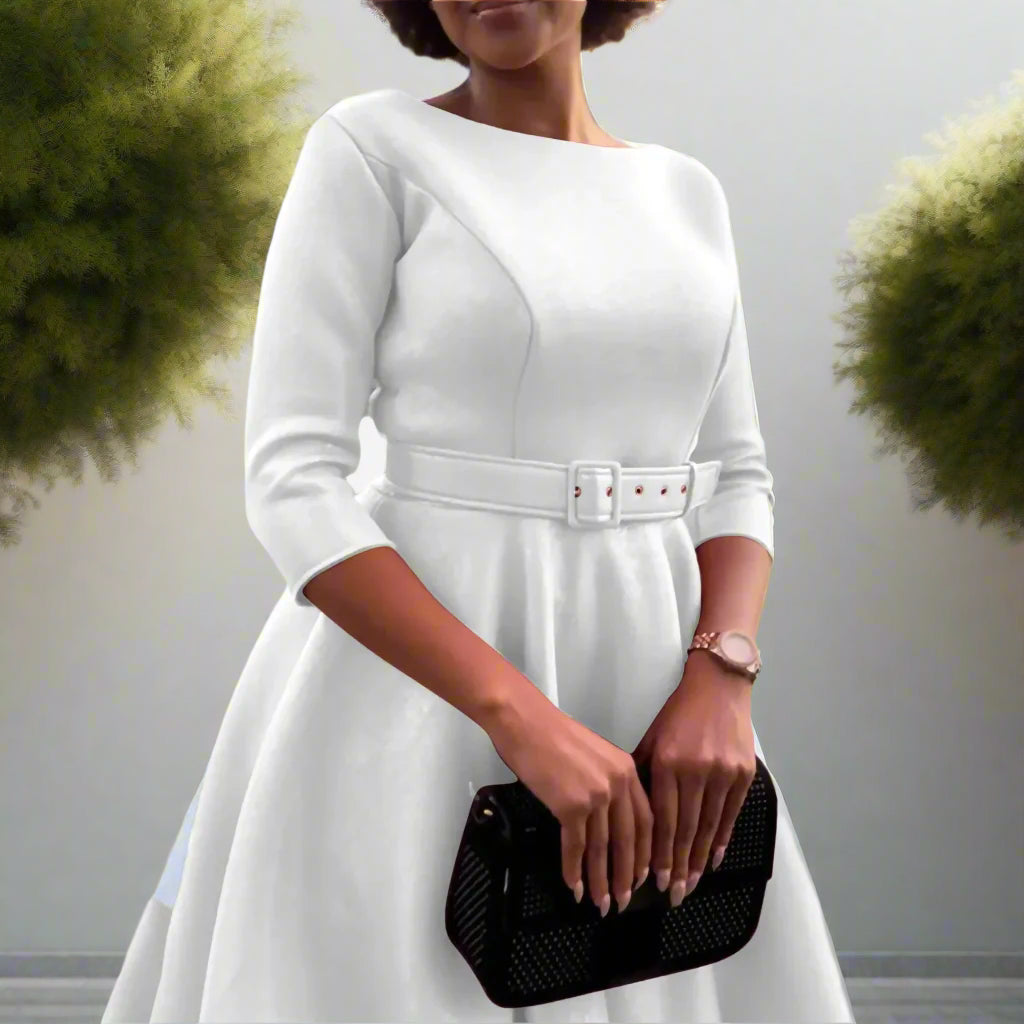 Deborah's Stylish, Formal, Trendy, A-Line, Classy, Sleeves, Belted, Midi, Office Dress