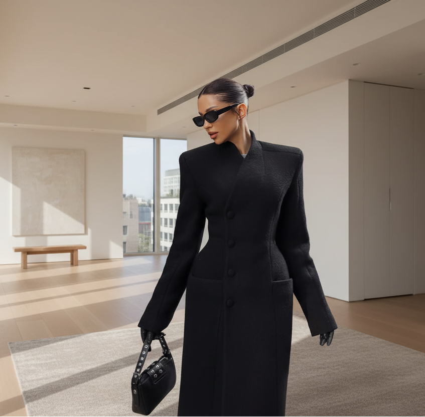 Woman wearing a black coat