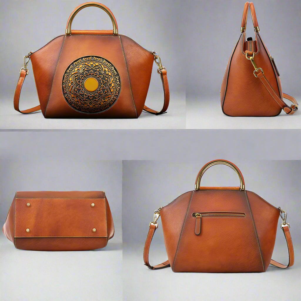 Brown leather handbag with decorative emblem shown from front, side, bottom, and back angles.