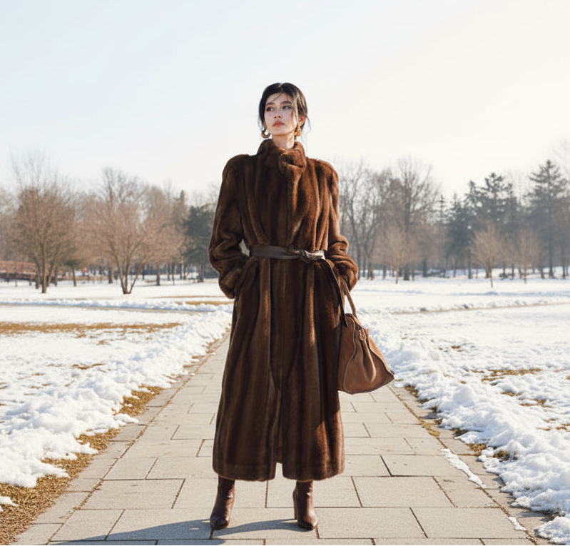 Woman wearing a brown fur coat in an open park