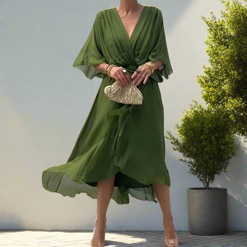 Iman's Irregular, Loose, Stylish, Trendy, V-Neck, Fluffy, Half Sleeves, Midi Dress