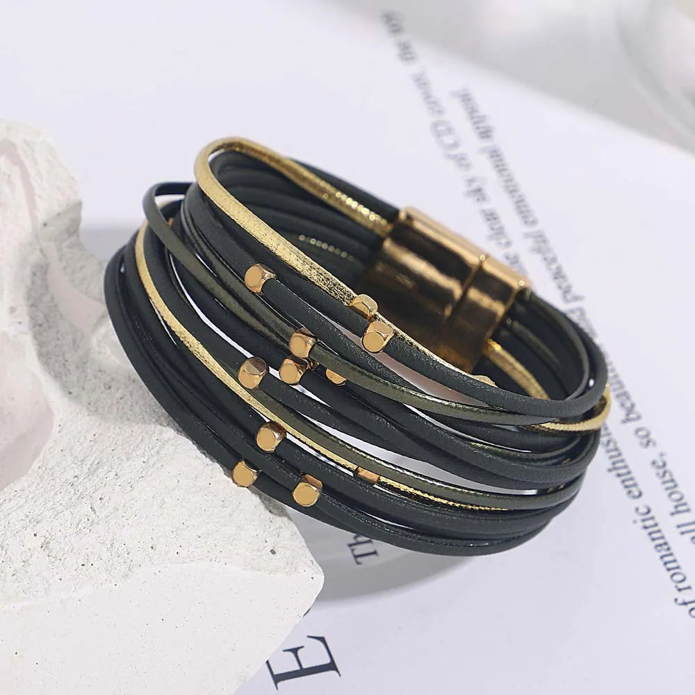 Tanya's Triple Color Leather Bohemian Metal Beads Multilayer Thin Strip Wrap Bracelets