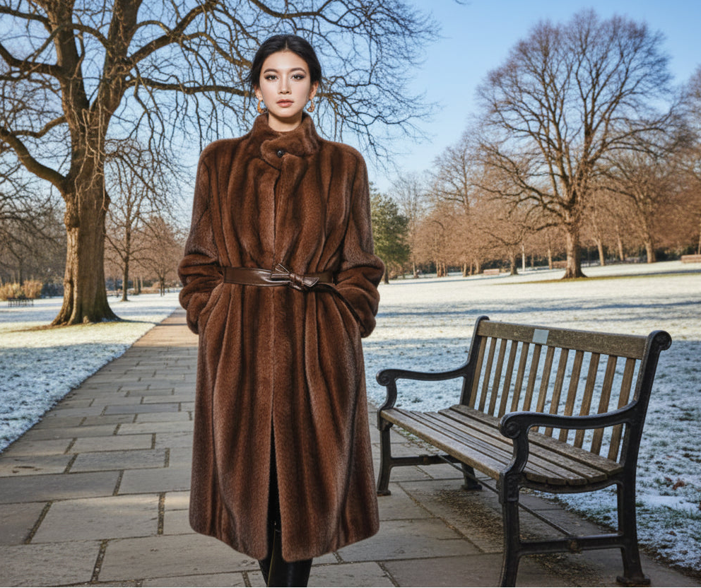 Woman wearing a brown fur coat in a empty steet