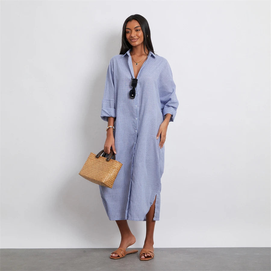 Rosa's Baggy, Loose, Striped, Trendy, Stylish, Boho, Vintage, Long Sleeves, Long Shirt Dress