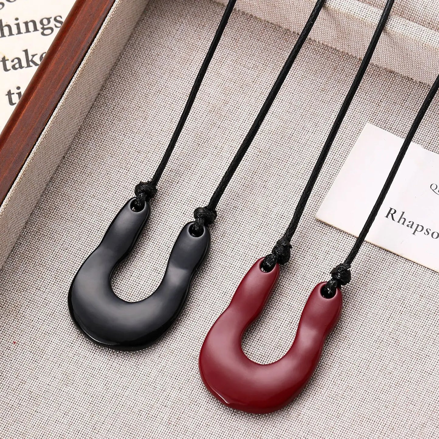Rebecca's U Shape, Vintage, Trendy, Stylish, Red/Black, Adjustable, Leather, Long Pendant