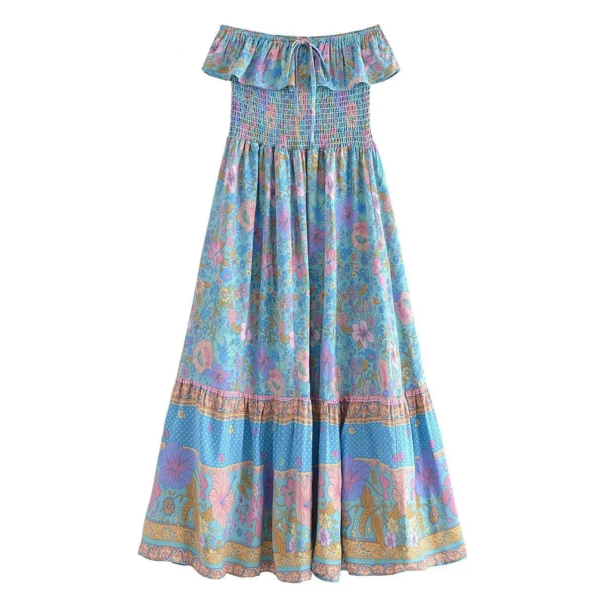 Maria's open Sabrina casual boho long dress with elastic waist