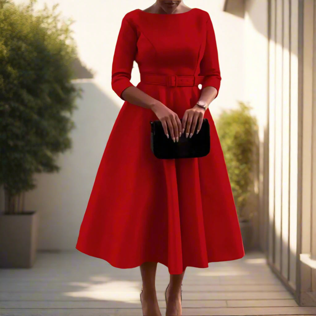 Deborah's Stylish, Formal, Trendy, A-Line, Classy, Sleeves, Belted, Midi, Office Dress