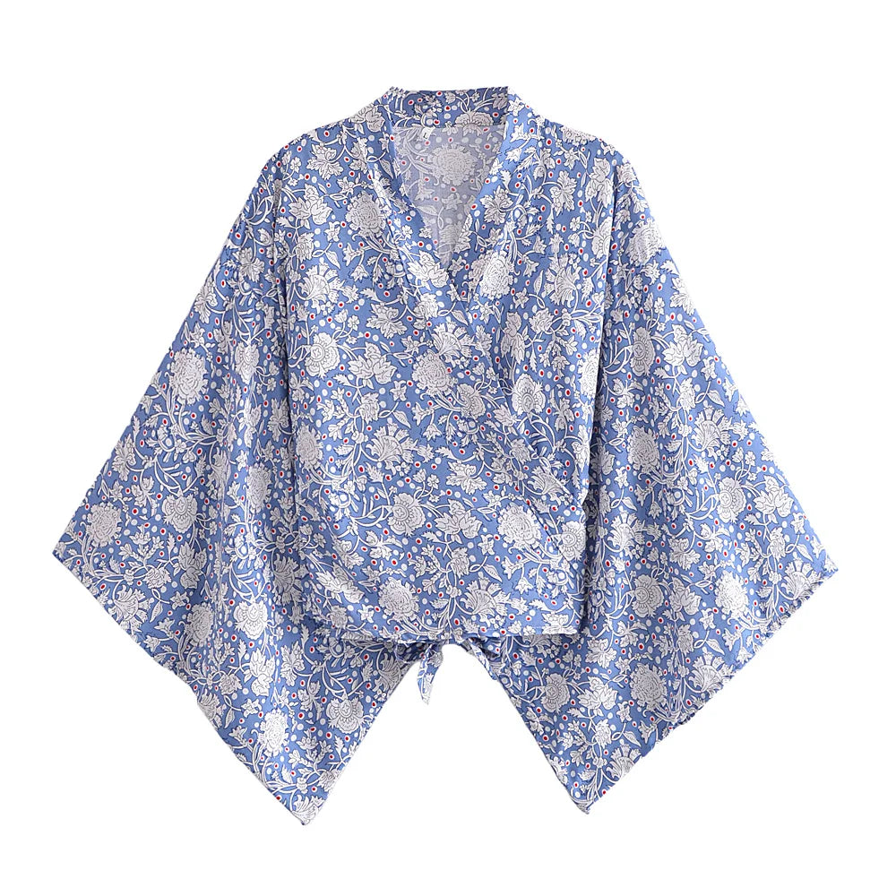 Blue floral kimono-style garment on a white background