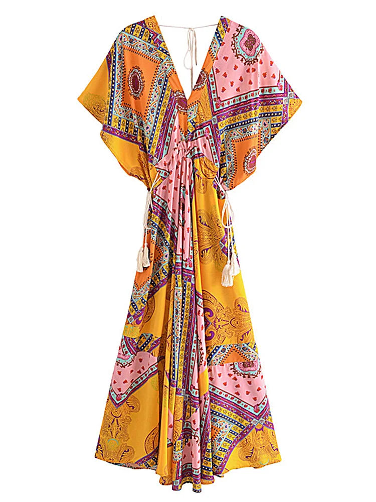 Alice's Vintage, Floral, Print, Batwing sleeves, stylish, Trendy, Boho, Maxi Bohemian Dress