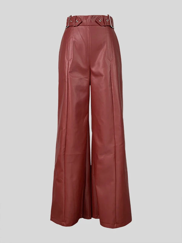 Yara's High Waist, Loose Wide Legs, Faux Leather Long Pant with Pockets