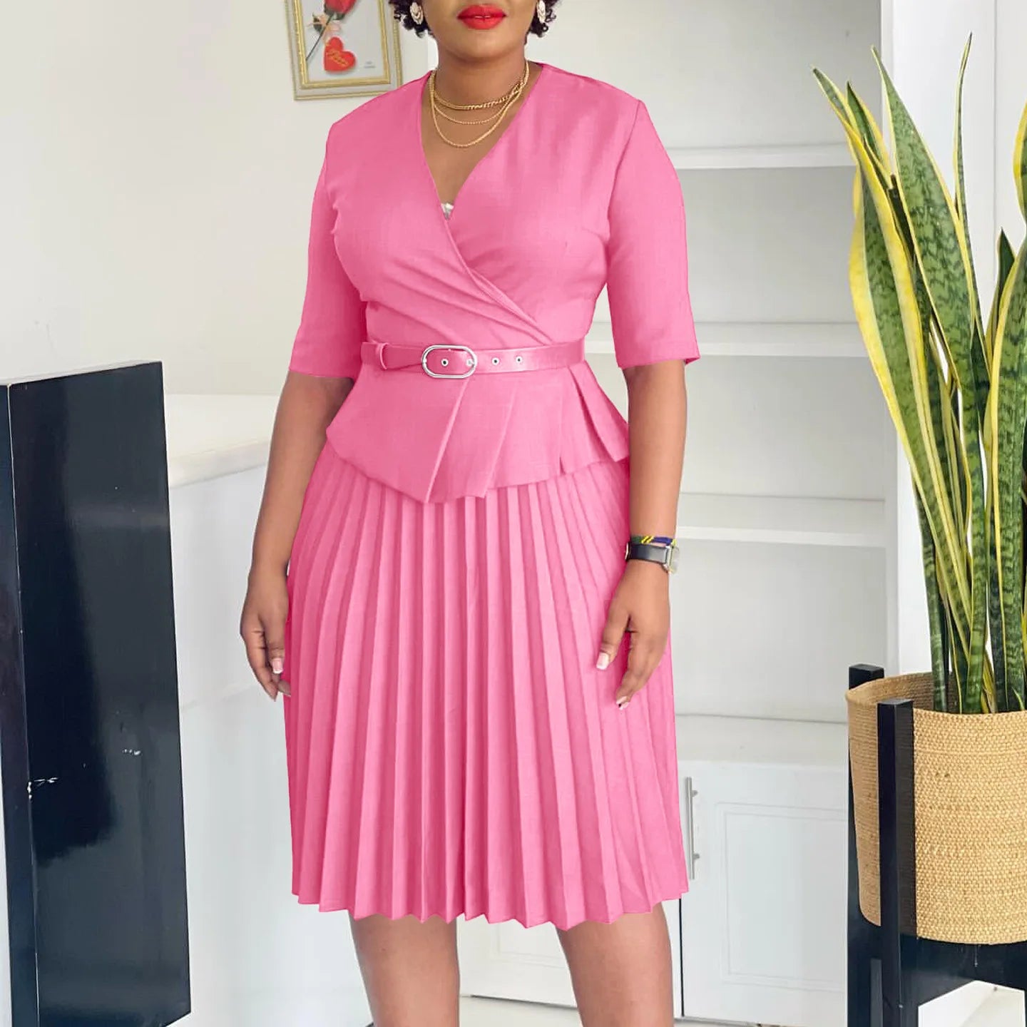 Liz's Plus size, stylish, trendy, Pleated, Temperament, V-Neck, Midi, Office Dress