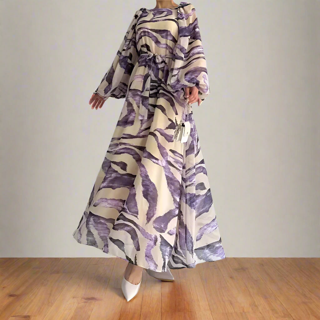 Yassmine's Chiffon, Printed, Pattern, Trendy, Vintage, Elegant, Loose, Stylish, Lantern Sleeves, Maxi Dress