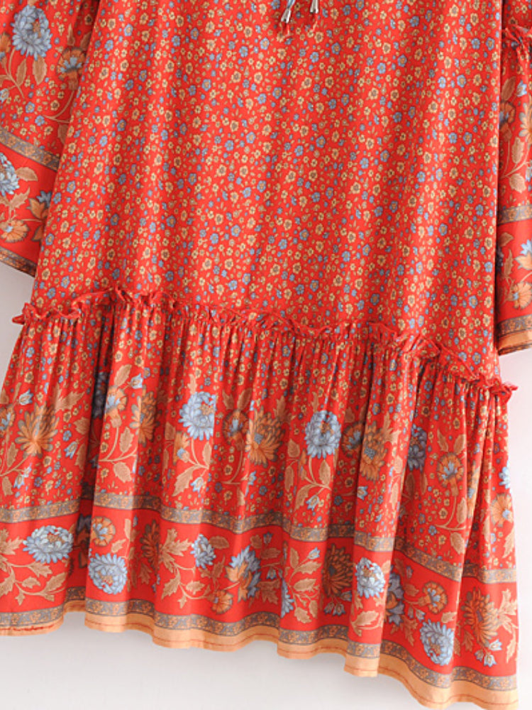 Yosra's  Hippie, Vintage, Stylish, Trendy, Loose, Floral, Ruffles, Print, Floral, Bohemian, Mini Dress