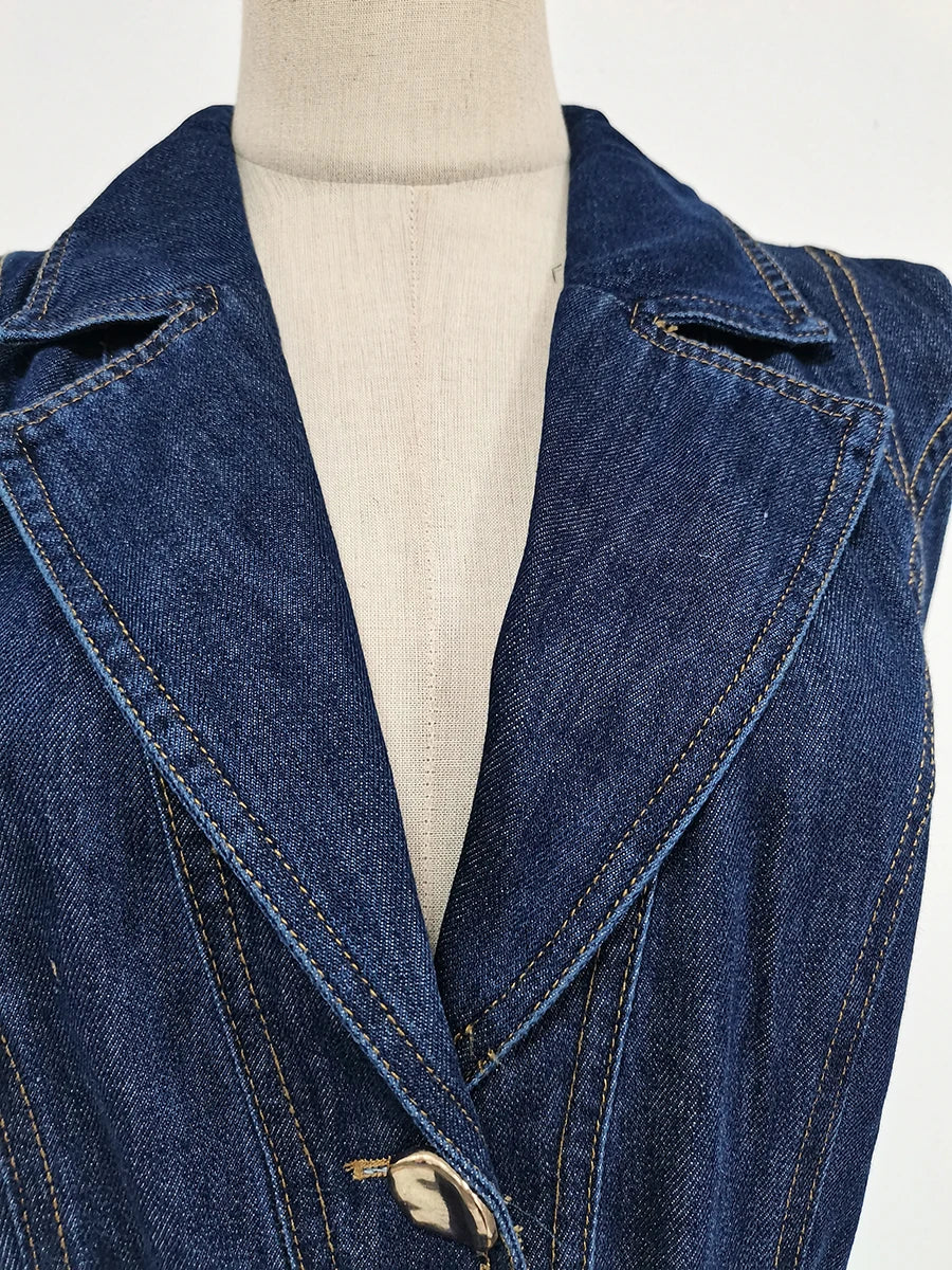 Blue denim jacket on a mannequin with a white background