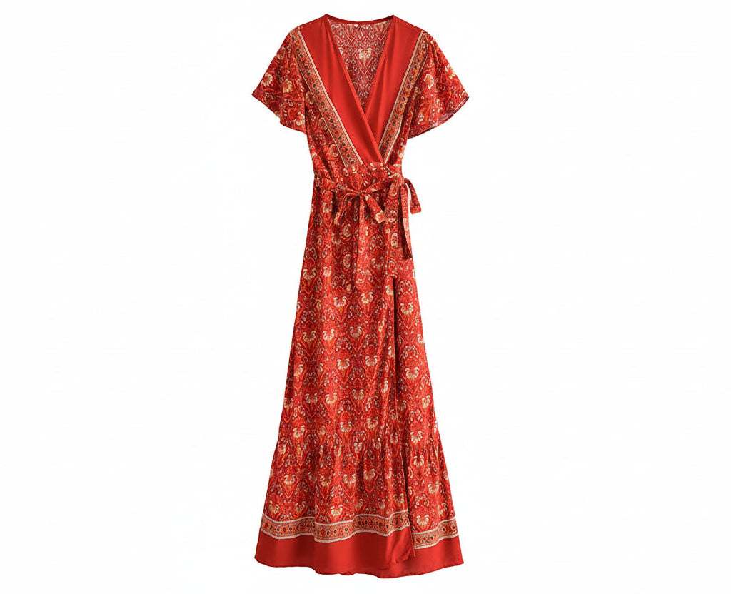 Red patterned dress on a white background