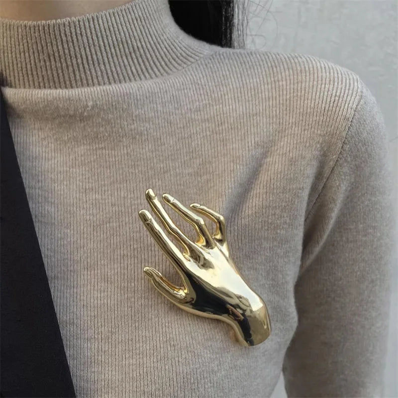 Yara's Metal Smooth Double Palm Hand-shaped Large Brooch- Silver, Gold