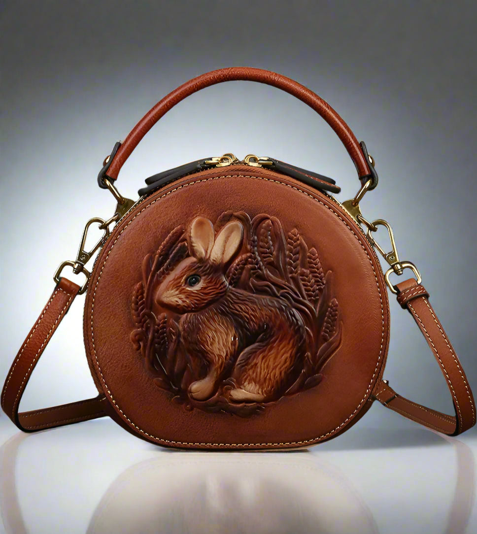 Karma's Genuine Leather, Round Shape, Vintage, Stylish, Retro, Rabbit Embossed, Shoulder Bag