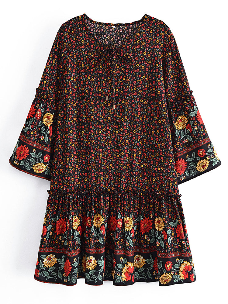 Yosra's  Hippie, Vintage, Stylish, Trendy, Loose, Floral, Ruffles, Print, Floral, Bohemian, Mini Dress