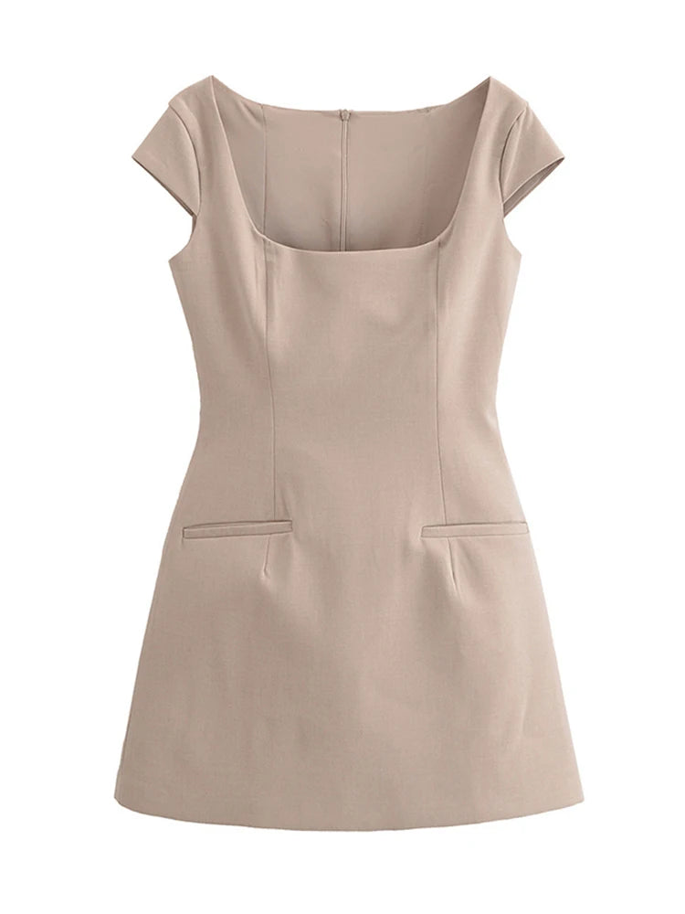 Sarah's Solid Color, Cap Sleeves, Trendy, Stylish, Slim, Square Neck, Zipper, Mini Dress
