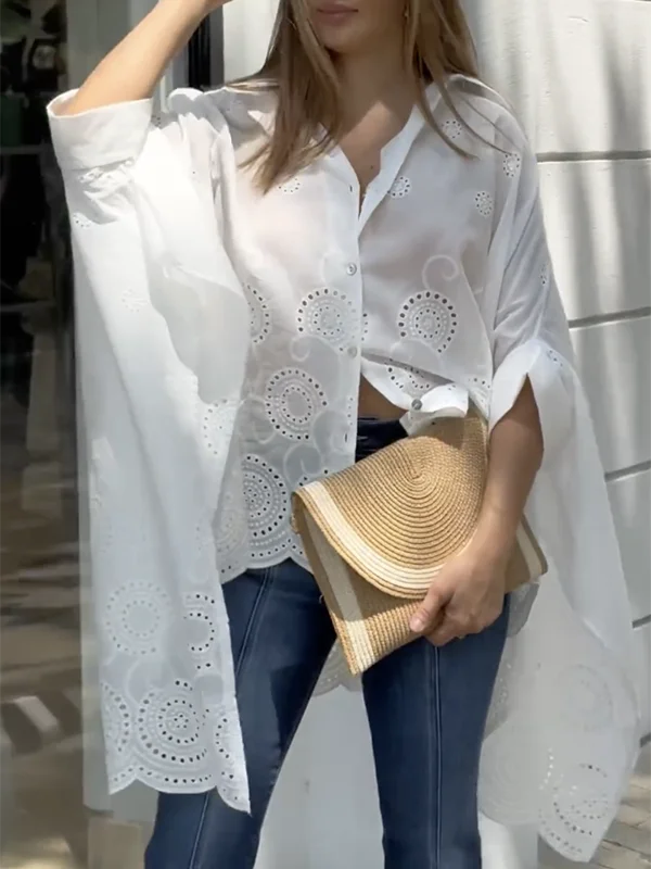 Yasmine's High-Low Hollow Out Loose Mid-sleeves Blouse