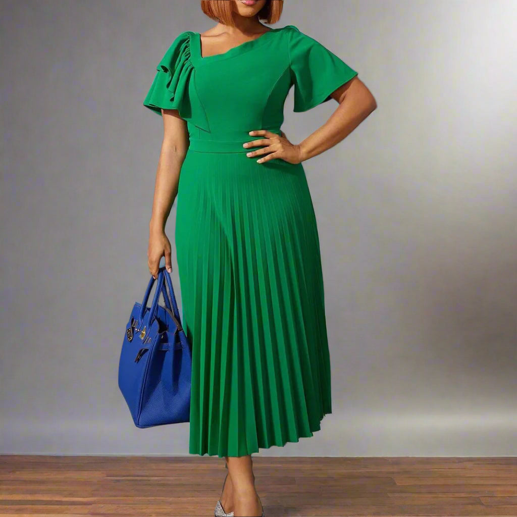Dana's Pleated, stylish, Trendy, Vintage, Ruffles, short Sleeves, Midi, Office Dress